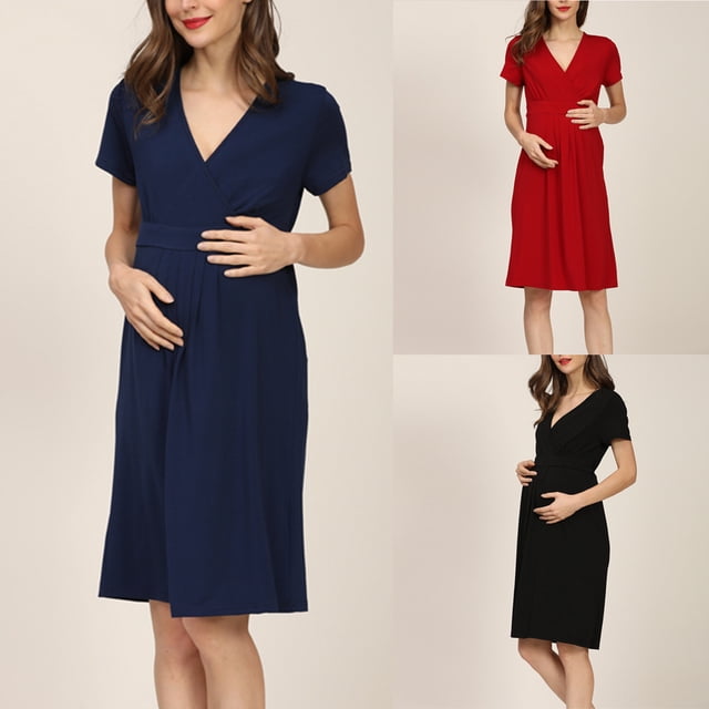 Sentmoon Robe de Maternité Été Surdimensionnée à Manches Courtes Robes Soleil pour Femmes 2025 Vacances Col en V Couleur Unie Ample Mignonne Robes pour Femmes Confortable pour Rassemblements de Vacances S