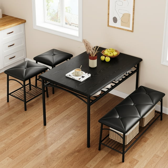 4-Piece Kitchen Dining Table Set - Table with Upholstered Bench & Square Stools, Metal & Wood Construction