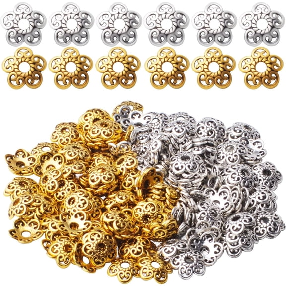 200pcs 12mm Flower Beads Tibetan Alloy Spacer Bead Cap Jewelry Flower Caps Loose Bead for DIY Jewelry Bracelet Making,Antique Gold and Antique Silver