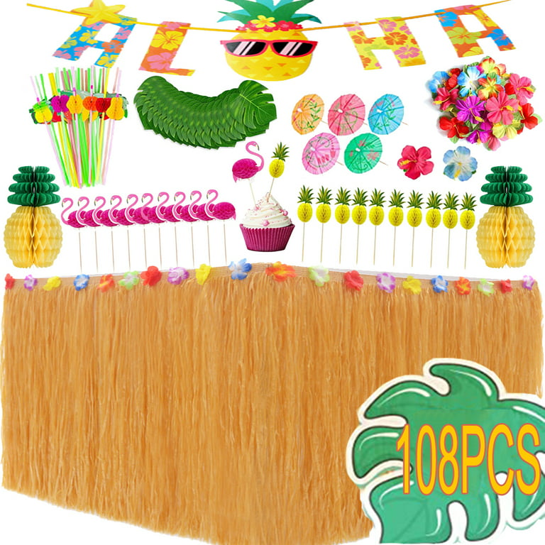 Autrucker Tropical Party Decoration Hawaii Luau Grass Table Skirt, Hibiscus  Flowers, Palm Leaves, Paper Pineapple 3D Fruit Straws Luau Party Supplies  108PCS 