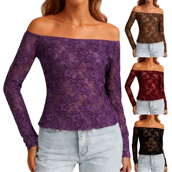 Antinious Women Off Shoulder Short Sleeve Solid Lace Cutout Slim Going Out Tops
