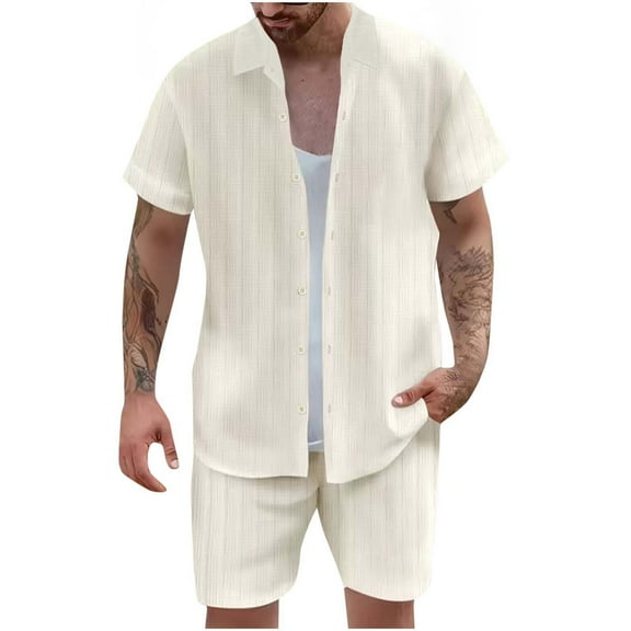 Stamzod Men Short Sets Outfits 2 Piece Summer Short Sleeve Button Down Shirt and Shorts Set Loungewear Casual Loose Beach Vacation Clothes for Men Beige B M
