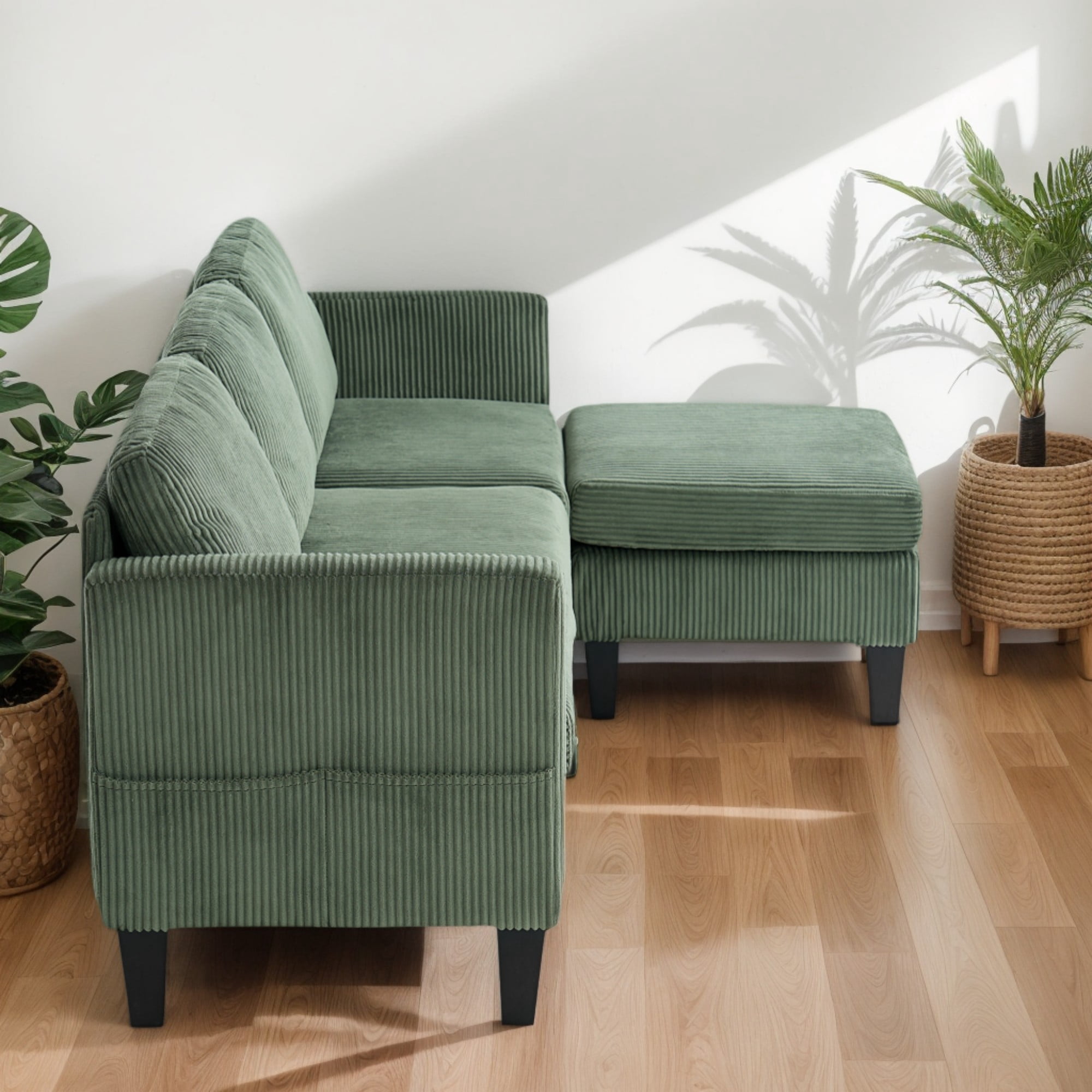 BSHTI 88.18" Corduroy L-Shaped Sectional Sofa with Memory Foam, Storage Chaise, Square Arms for Living Room（Olive Green）