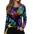 thumbnail image 4 of Mardi Gras Shirts for Women Mask Print Sparkly Long Sleeve Graphic Tee Feathers Print Crew Neck Gold Tops Dark Blue M, 4 of 6