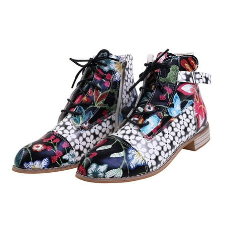 

Bxzhiri Painting Flower Pattern Cow Leather Splicing Lace-Up Stitching Ankle Boots