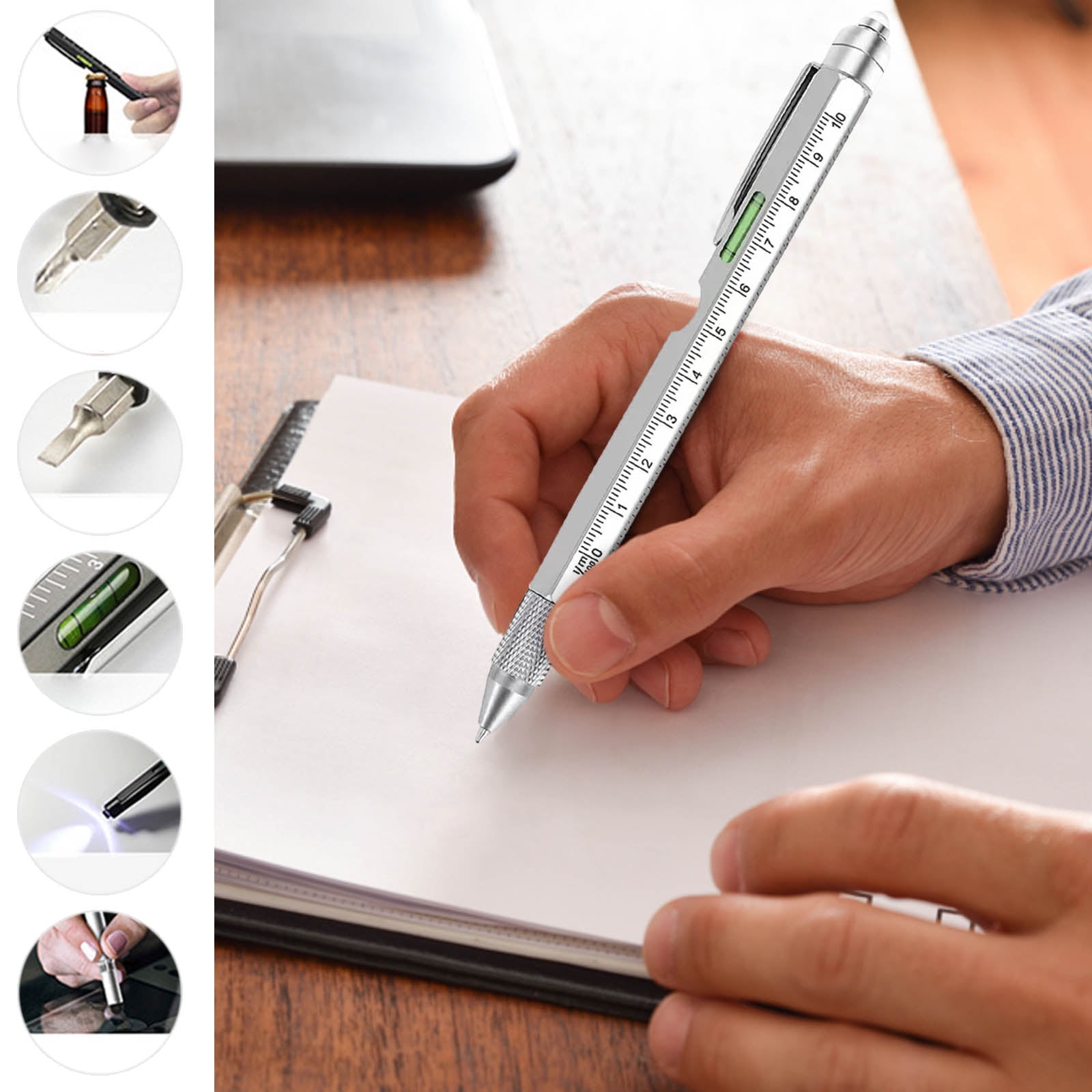 Coollooc One Pen Nine Functions -Christmas Gifts for Men, 9 in 1 Multitool Pen with LED Light, Cool Gadgets, Stocking Stuffers Gifts for Men, White Elephant Gifts for Adults(Silvery)
