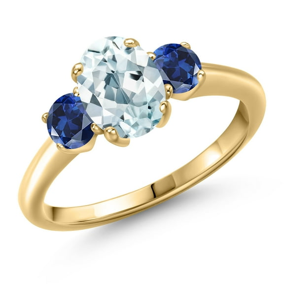 Gem Stone King 10K Yellow Gold Sky Blue Aquamarine and Blue Created Sapphire Engagement Ring for Women | 1.70 Cttw | Oval 8X6MM | Gemstone March Birthstone | Size 7
