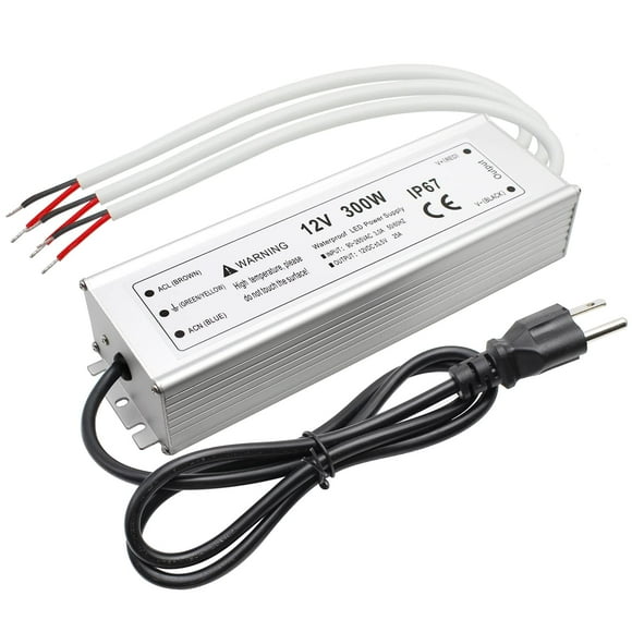 Alimentation 300W 12V, Pilote LED Étanche IP67, Convertisseur 110V AC à 12V DC, Sortie Basse Tension avec Prise 3 Broches Câble 3.3 Pieds pour Bande Lumineuse LED, 25Amp