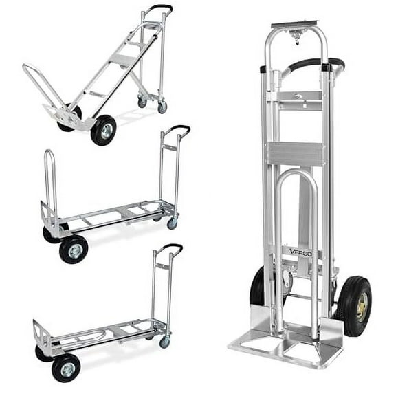 Vergo Industrial Convertible Hand Truck - AS7A2 Heavy Duty Aluminum 3 in 1 Dolly (750 lb Capacity) Lightweight Frame, Ergonomic Handle, Extendable Loop, Versatile Moving Dolly (3 Positions, 53" High)