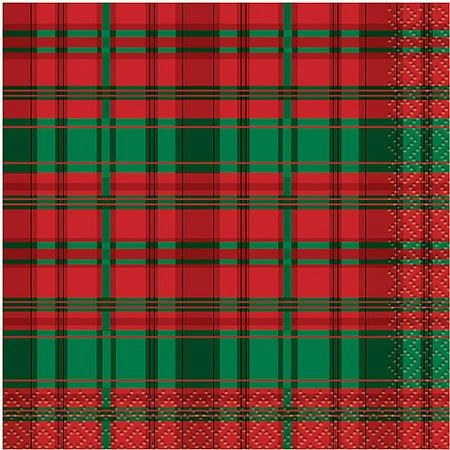 Poinsettia Napkin - Poinsettia Plaid Holiday Beverage Napkins, 16ct
