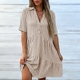thumbnail image 4 of Guieoi Summer Dresses for Women Plus Size Casual Striped Cotton-Linen Collared Short-Sleeve Button-Down Midi Dress Brown S, 4 of 7