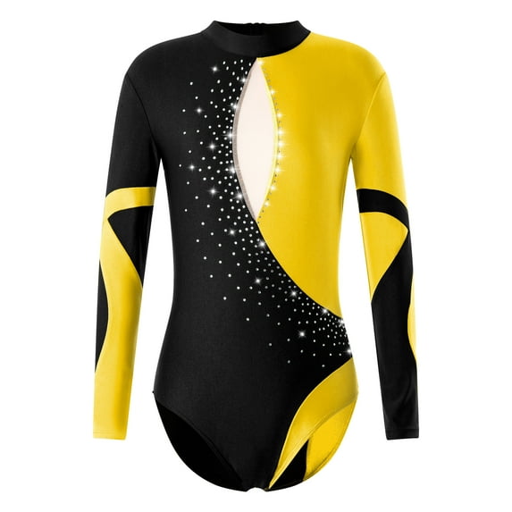 Aislor Girls One Piece Gymnastic Leotard Long Sleeve Sparkly Diamonds Ballet Athletic Dance Bodysuit Jumpsuit Dancewear
