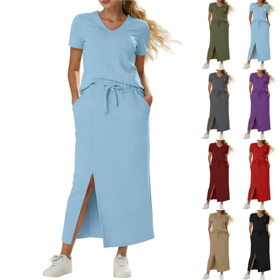 Miluxas Women's 2 Piece Casual Activewear Set V Neck Short Sleeve T Shirts and Side Slit Maxi Skirt Outfit with Pockets Going Out Tracksuits Wine