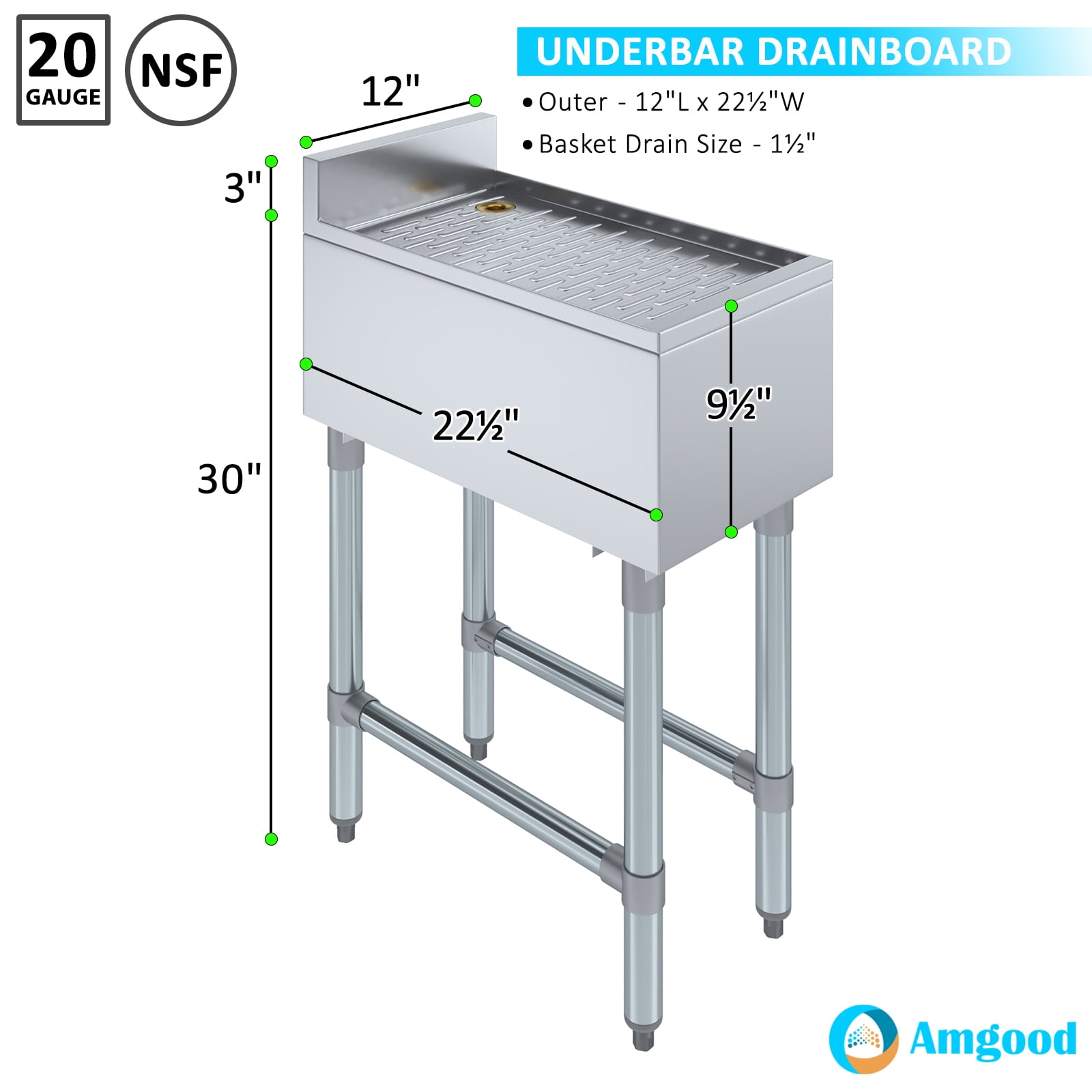AmGood Underbar Stainless Steel Drainboard 22-1/2 in. x 12 in. x 30 in. H with 3 in. Backsplash