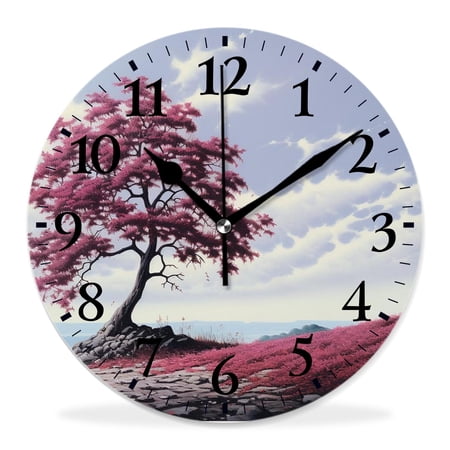 12 Inch Wall Clock Battery Operated Silent Clock Decorative for Office, Kitchen, Outdoor, Living Room，Nature Rural Scene Sky Clouds Lonely Tree on Grassy Meadow Creative