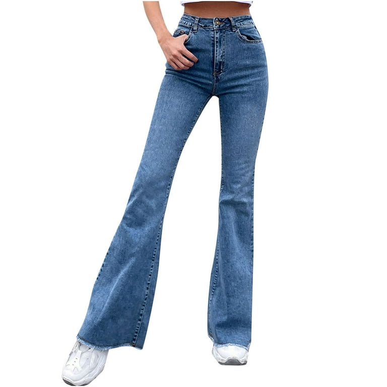 Plus Size Solid High * Flared Leg Jeans, Women's Plus Medium Stretch Bell  Bottom Jeans