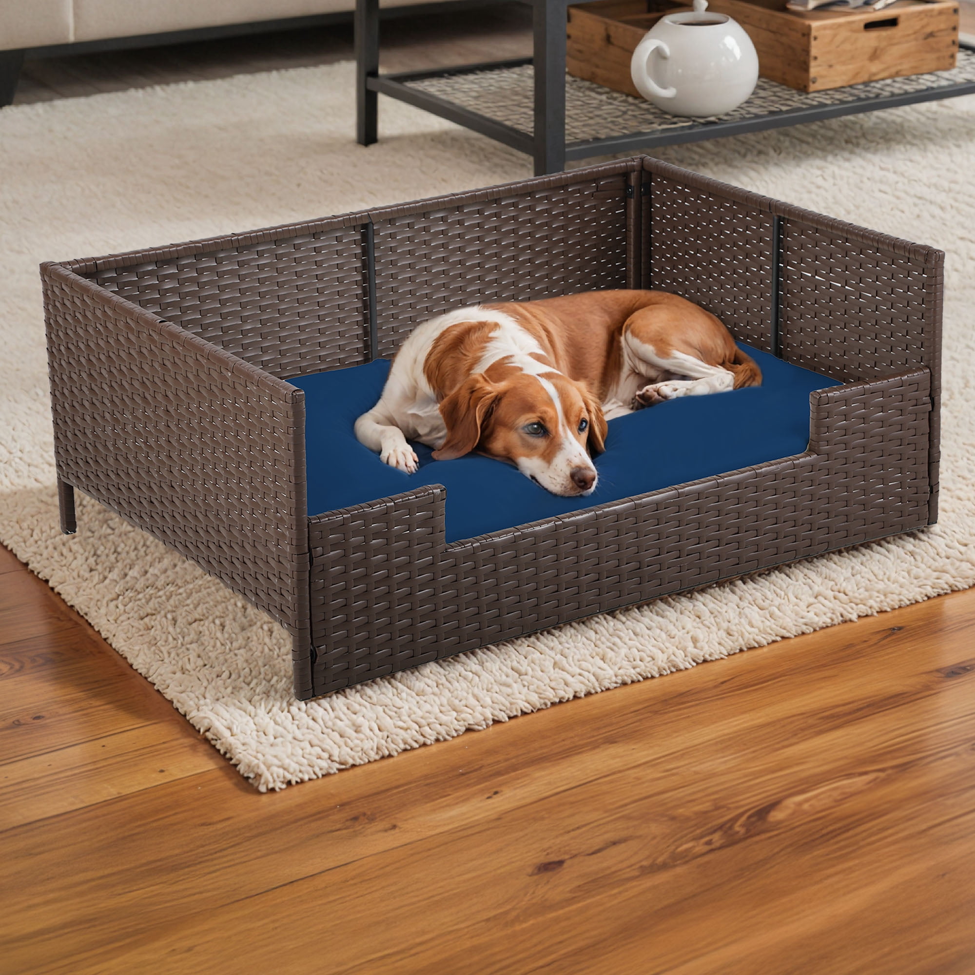 Uforic Rattan Dog Sofa Bed with Blue Cushion,Wicker Pet Bed Sofa Indoor Outdoor,All-weather Protection, Brown&Blue,24.8"L x 19.7"W x 9.8"H