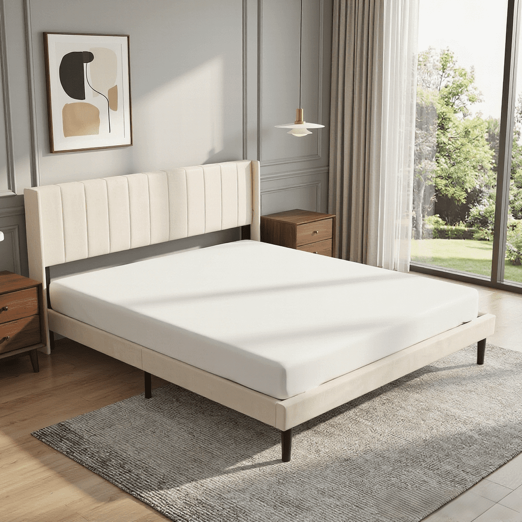 BSHTI King Size Platform Bed Frame with Velvet Upholstered Headboard, Modern Bedroom Furniture with Wood Support, No Box Spring Needed, Easy Assembly, Beige