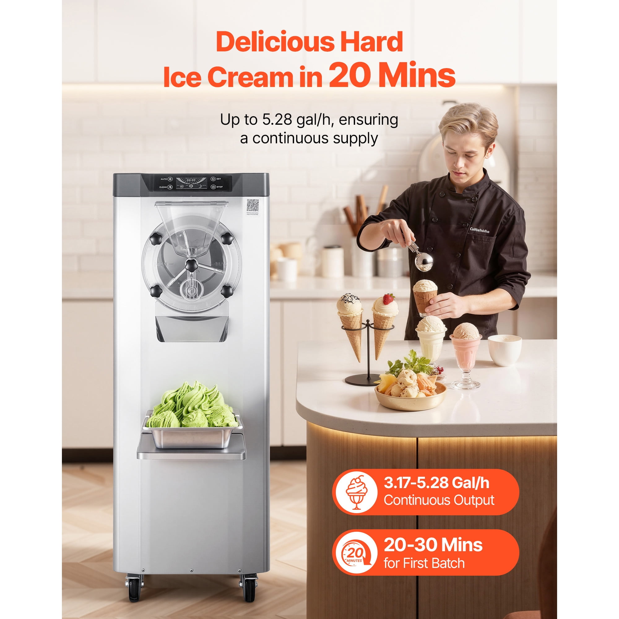KFFKFF Commercial Hard Ice Cream Maker, 2400W, Produces 3.17-5.28 Gallons per Hour, Gelato Machine with 10L Stainless Steel Cylinder, Auto-Clean Function and LED Control Panel for Snack Bars