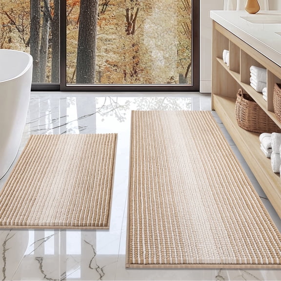 SHEETCUBE 20" x 47" & 16" x 24" 2 Piece Thick Absorbent Chenille Soft Shaggy Non Slip Bath Mat Rug Set, Machine Washable, for Bathroom Floor, Beige