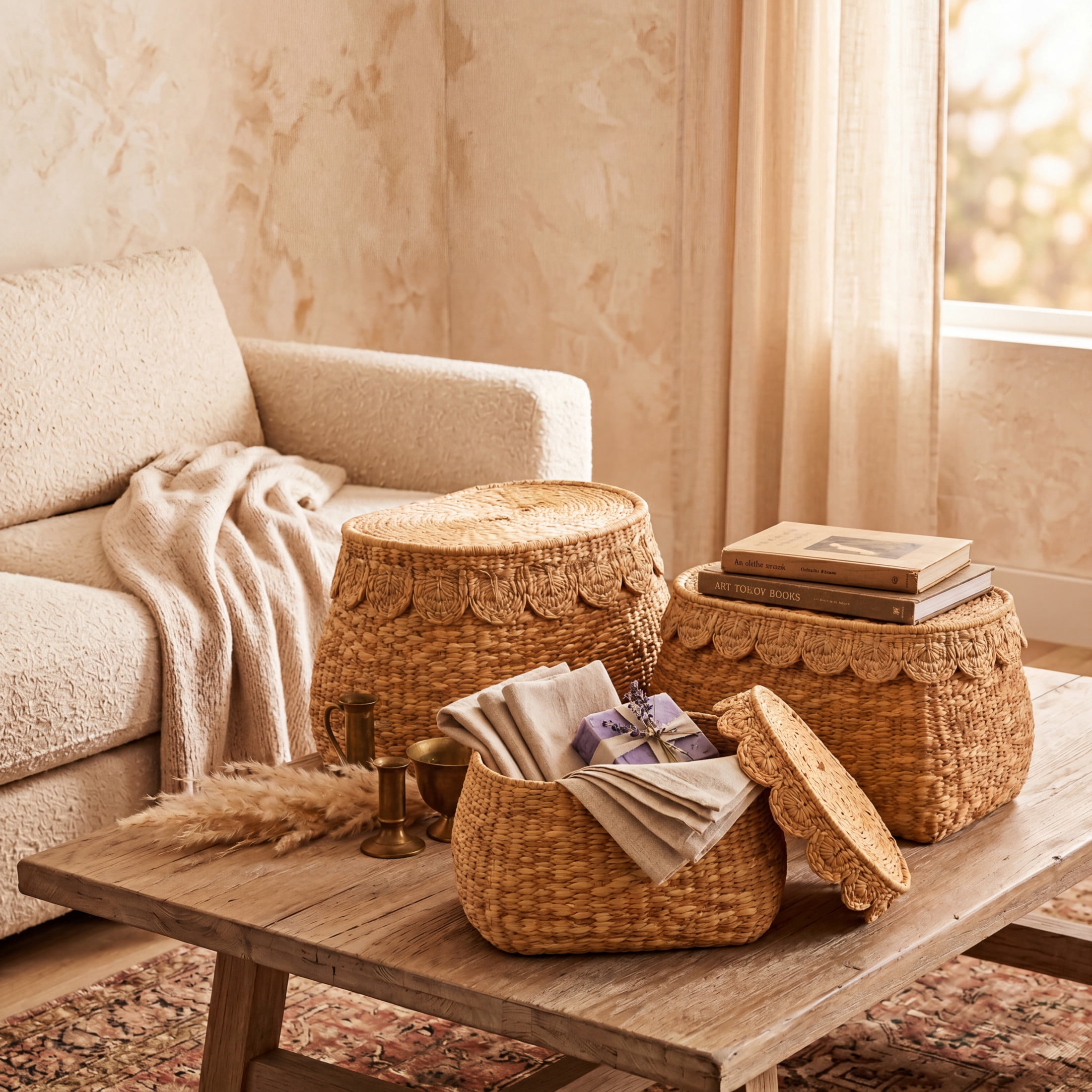 DecMode 18", 24", 30"H Brown Seagrass Woven Storage Basket with Lid, 3-Pieces