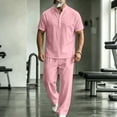 thumbnail image 2 of JUUYY Men's 2 Piece Cotton Linen Sets Casual Short Sleeve Button Up Shirts and Straight Leg Pants Set Loose Beach Vacation Outfits Pink XXXL, 2 of 6