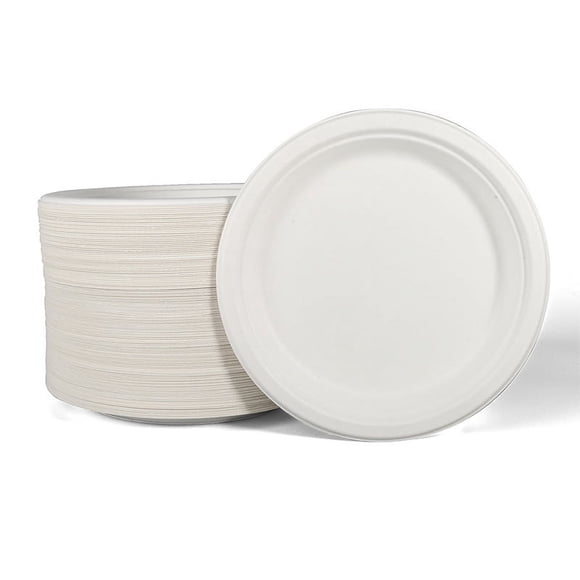 Namzi 8 Inch - 100 Pack Heavy-Duty White Paper Plates, 100% Compostable, Eco-Friendly - Biodegradable Disposable Plates, Sugarcane Paper Plates