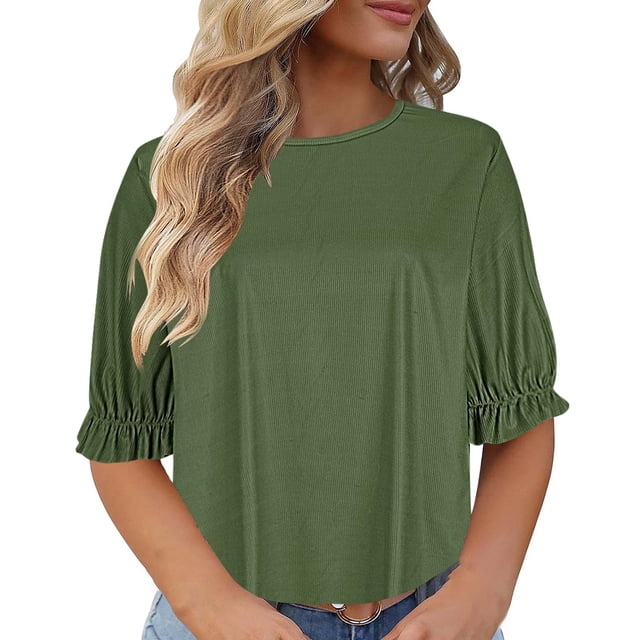 AherBiu T-Shirts pour Femmes Grande Taille Col Rond Manches Courtes Bouffantes T-Shirts d'Été Décontractés Coupe Ample Unis