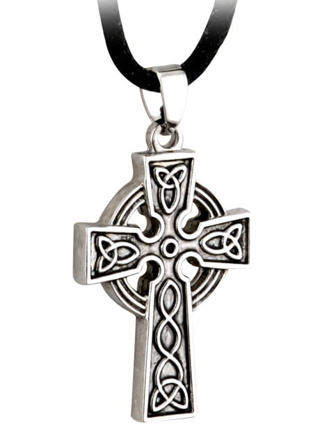 ANCIENT CELTIC CROSS PEWTER PENDANT NECKLACE WITH BLACK CORD 