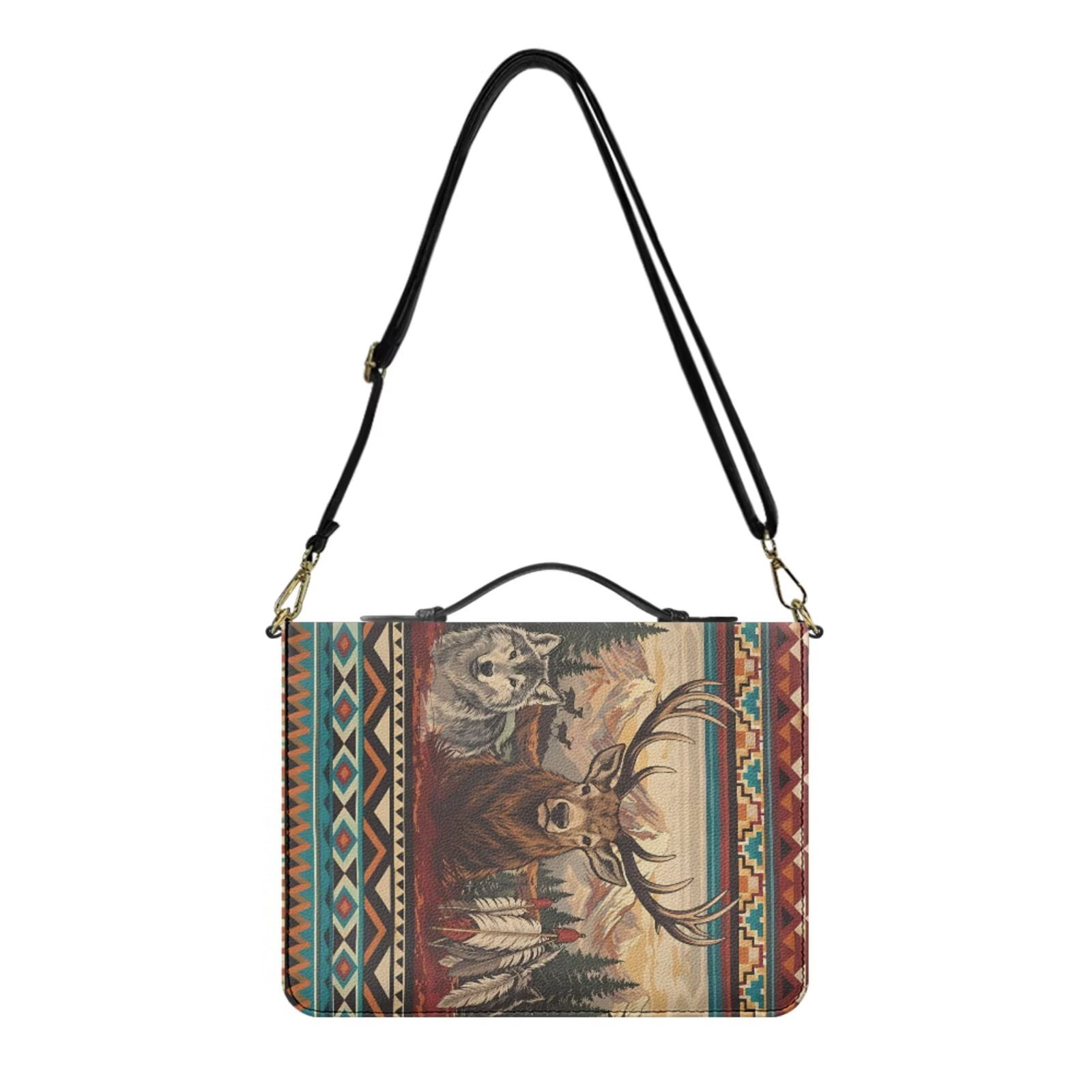 Kuiaobaty Aztec Wolf Print Bible Covers for Women Men Deer Tribal Style Print Carrying Book Case Church Bag with Handle and Strap Scripture Case with Bookmark for Church, Brown