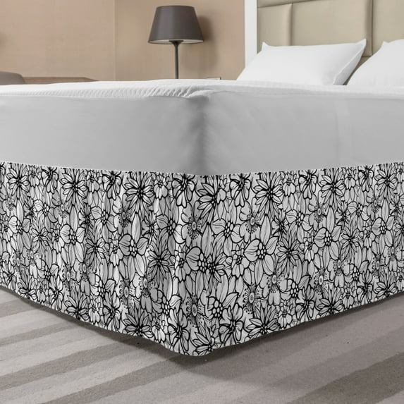 Floral Vintage Bed Skirt, Cartoon Style Group of Various Flowers Petals Illustration, Elastic Bedskirt Dust Ruffle Wrap Around for Bedding Decor, 4 Sizes, Charcoal Grey and White, by Ambesonne