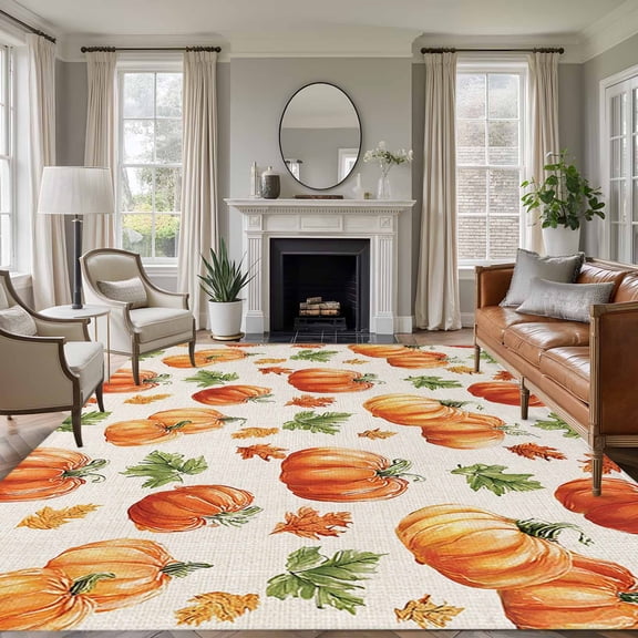 Area Rug for Living Room, Fall Orange Pumpkins Non-Slip Indoor Large Carpet for Bedroom/Dining Room, Autumn Maple Thanksgiving Retro Country Low-Profile Rectangle Floor Runner Rugs - 6 x 9 Ft