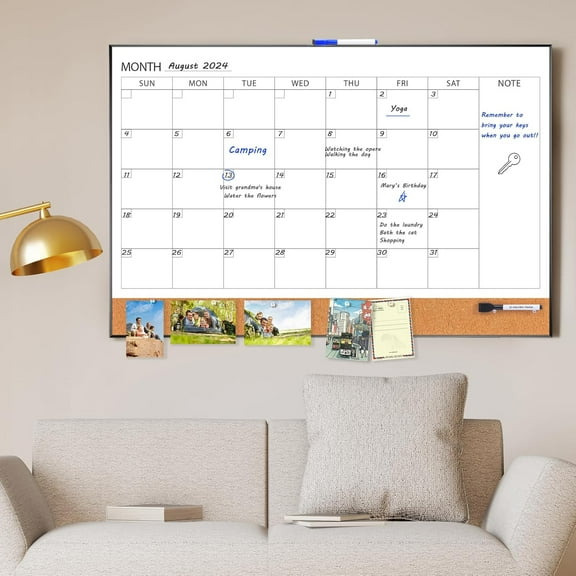 Dry Erase Calendar with Cork Board for Wall, 36" x 24" Magnetic Calendar Whiteboard with Black Frame, Monthly Combination Board for School, Home, Office
