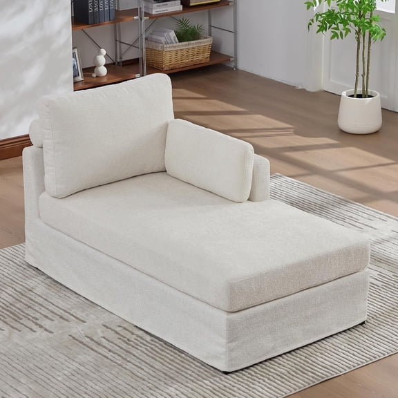 LJAN 60" Ivory Chaise Lounge Chair Indoor Right Armrest,with Sturdy Metal Legs,Chenille Bedroom Lounge Chair,Window Bench Seat,Upholstered Bench for Living Room