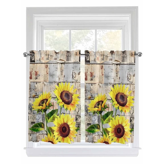 Tier Curtains 45 Inches Long, Sunflowers Window Treatment Curtain Drapes, Botanical Floral Farmhouse Retro Wood Grain Small Curtain Drapes for Bathroom Laundry Room, 27.5"x45", 2 Panels