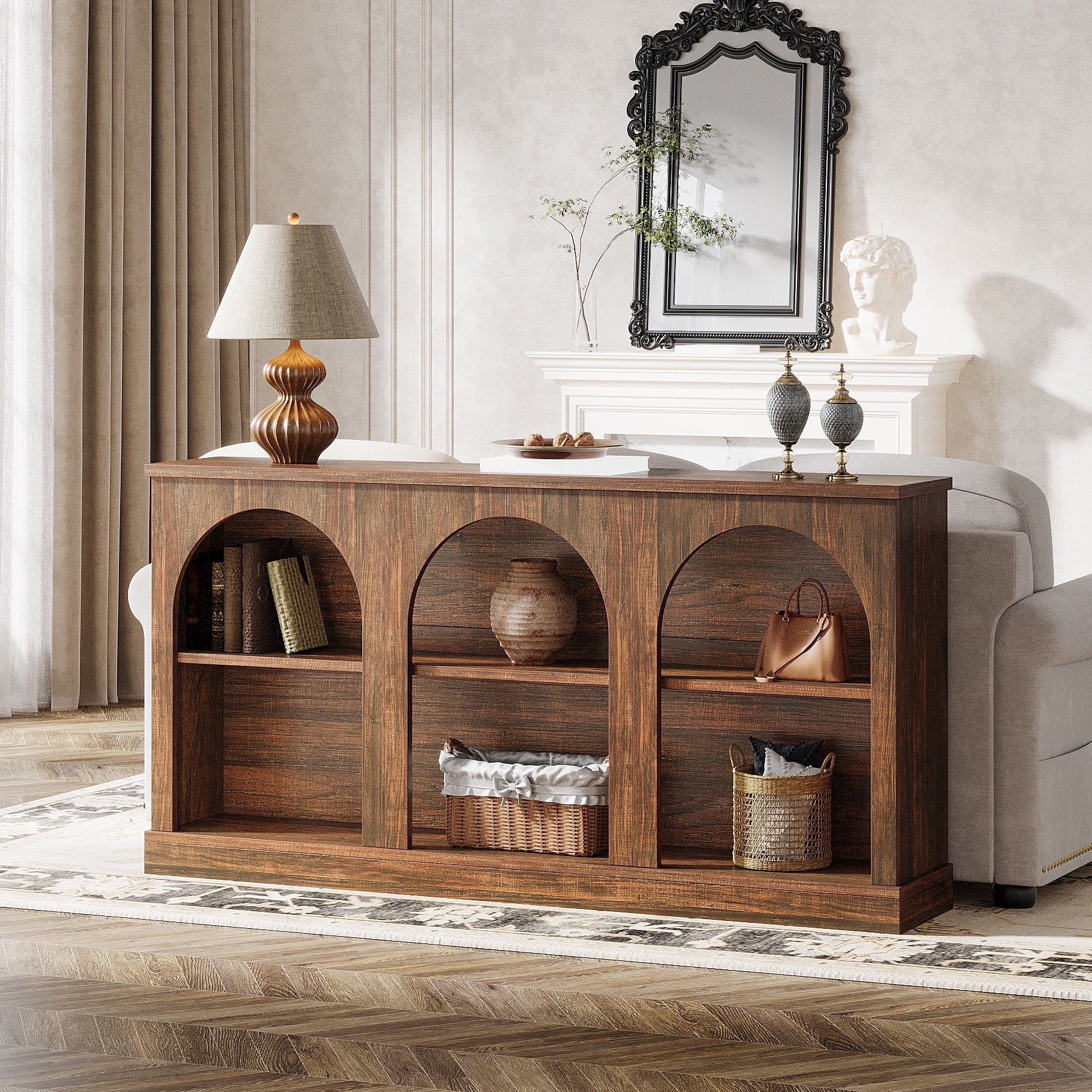 Tribesigns Farmhouse Console Table, 63-Inch 3 Tier Entryway Table with Storage, Wooden Rectangular Sofa Table Behind The Couch for Hallway, Dark Brown