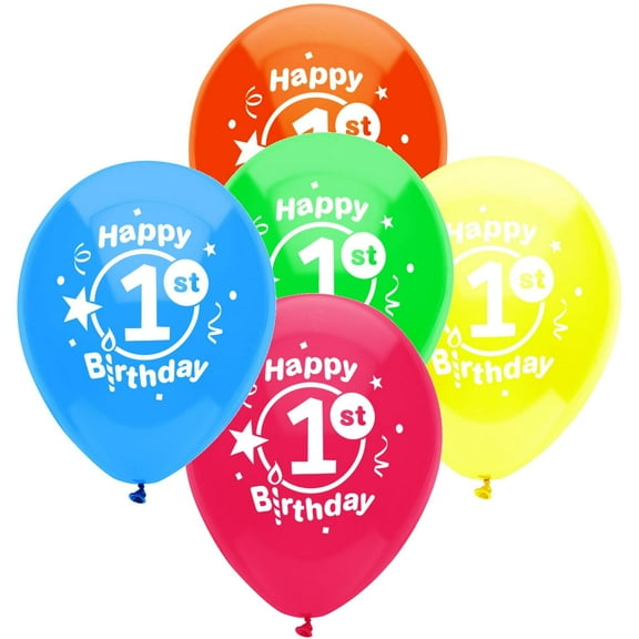 PartyMate - 12 Happy 1st Birthday Party Latex Balloons - Multicolors (8ct)