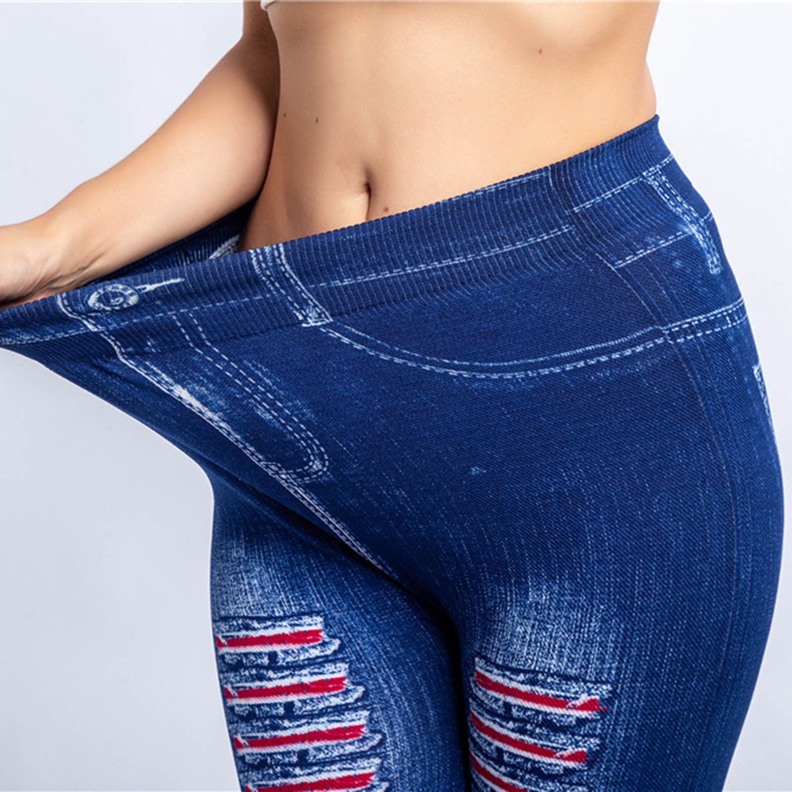 Women's Denim Print Fake Jeans Look Like Leggings Sexy Stretchy High Waist  Slim Skinny Jeggings Tights for Women 