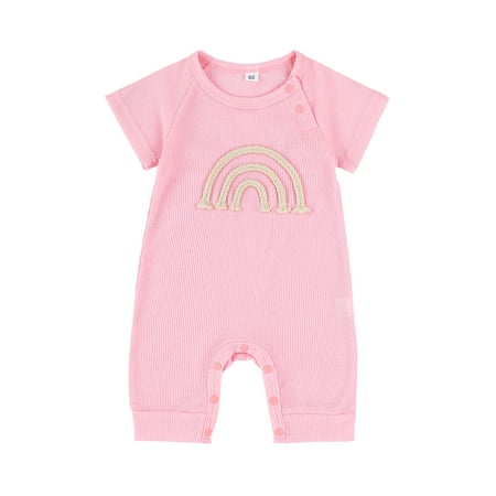 

ZIYIXIN Newborn Baby Girl Boy Summer Outfits Ribbed Short Sleeve Romper Rainbow Jumpsuit Bodysuit Casual Clothes Pink 12-18 Months