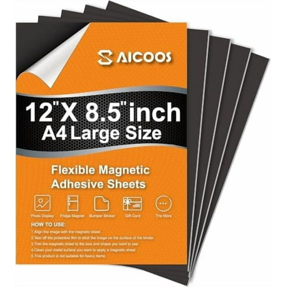 Magnetic Sheets with Adhesive Backing - Easy to Cut Magnet Sheet for Photos, Stickers, Die Storage - A4 Large Size (12" x 8.5") - Extra Strong and Durable Displate Magnets for Fridge, Cabinets (4Pcs)