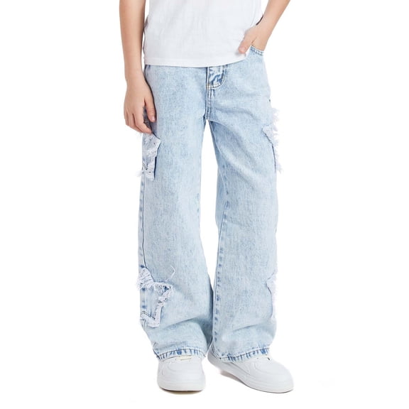 HOWPAY Wide Leg Jeans for Boys Star Embroidery Elastic Waist Loose Denim Pants with Pockets Destroyed Distressed Stretch Baggy Jeans Light Blue