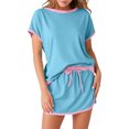 thumbnail image 4 of Women's Casual 2 Piece Short Sleeve Crew Neck Color Block Pullover Tops Matching Drawstring Mini Skirt Going Out Lounge Outfits, 4 of 7