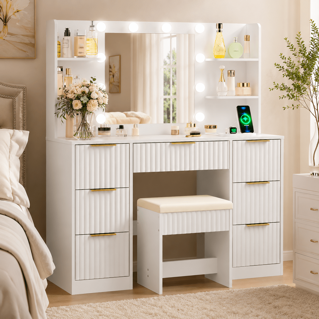 Ktaxon Get Ready with Me GRWM Makeup Vanity Set with 3 Color Lighted Mirror & Charging Station, Dressing Table w/ 7 Drawers for Femal Gift, White