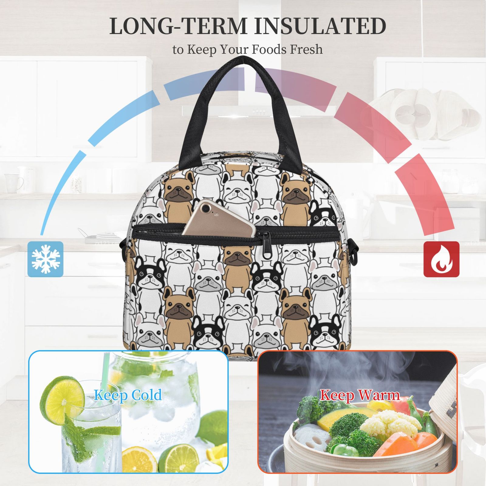 Naloa French Bulldog 2 Print Lunch Bag for Women & Men Insulated Lunch Box or Cooler Lunch Tote Bags for Work, Travel, Outdoor