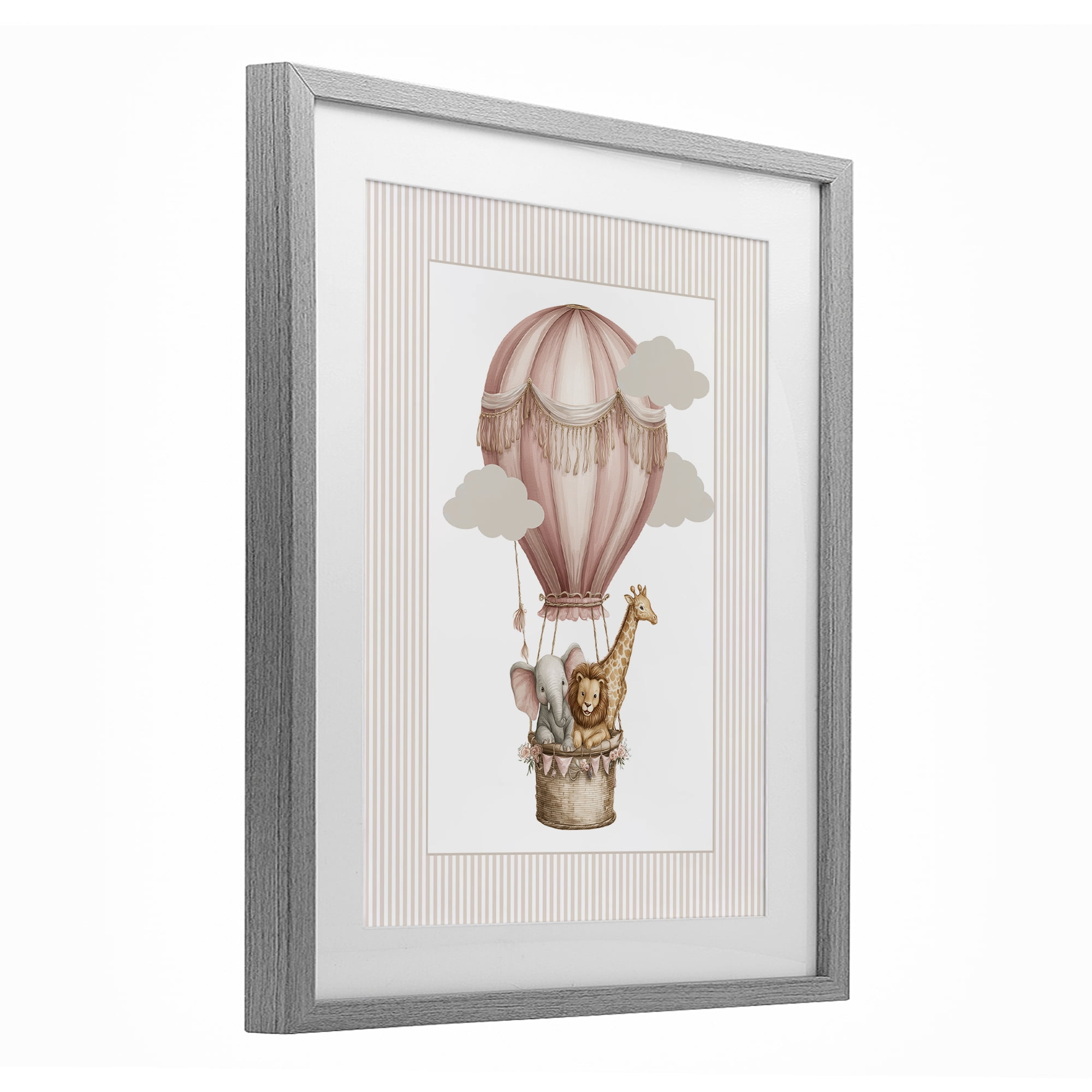 Stupell Industries Hot Air Balloon Animals Pink Gray Framed Print Under Glass, design by Christine Simpson Art