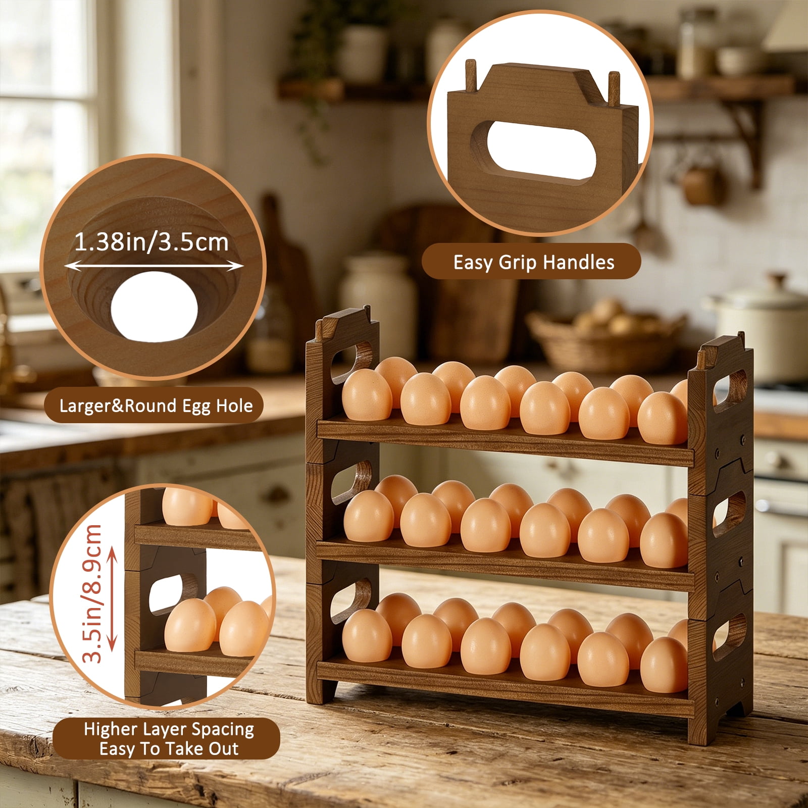 SoildPal 3-Tier Wooden Egg Holder, Stackable Countertop Egg Rack Holds 36 Eggs for Kitchen Farmhouse Decor