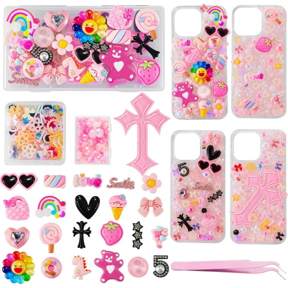 MaxxMarket Junk Case Charms Kit, Junk Phone Case with Big Charms, Nail Bow Pearl Flatback Resin Charm for DIY Crafts