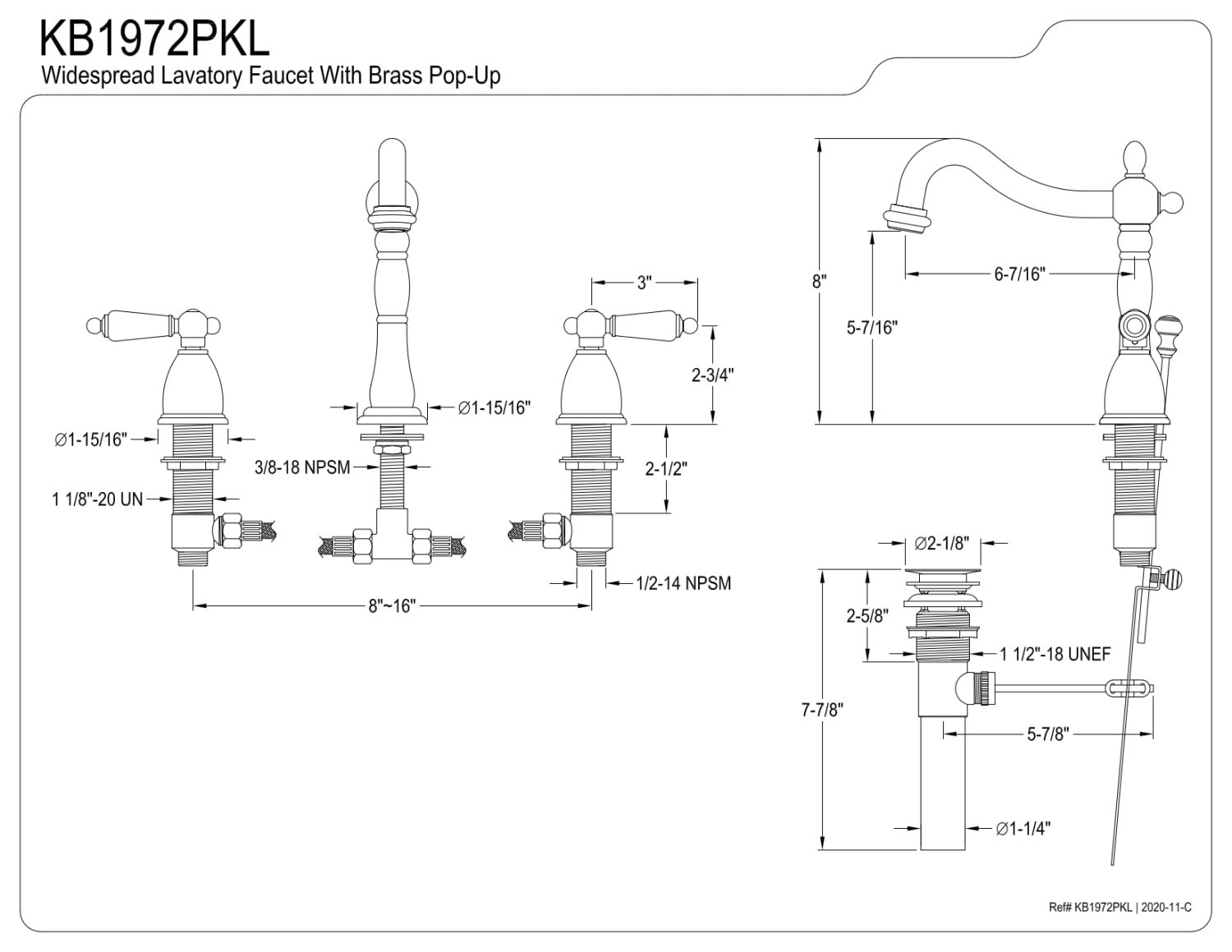 Kingston Brass KB1972PKL Duchess Widespread Bathroom Faucet with Brass Pop-Up, Polished Brass