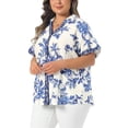 thumbnail image 4 of Agnes Orinda Women's Plus Size Shirts Floral Print Button Collared V Neck Roll Short Sleeve Elegant Tops 2X Blue, 4 of 6