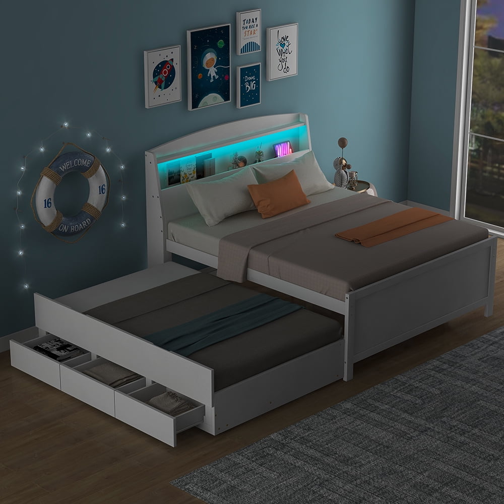 Euroco Wood Full Size Platform Bed with Storage Headboard, Drawers Trundle and LED Light for Kids Teens, White